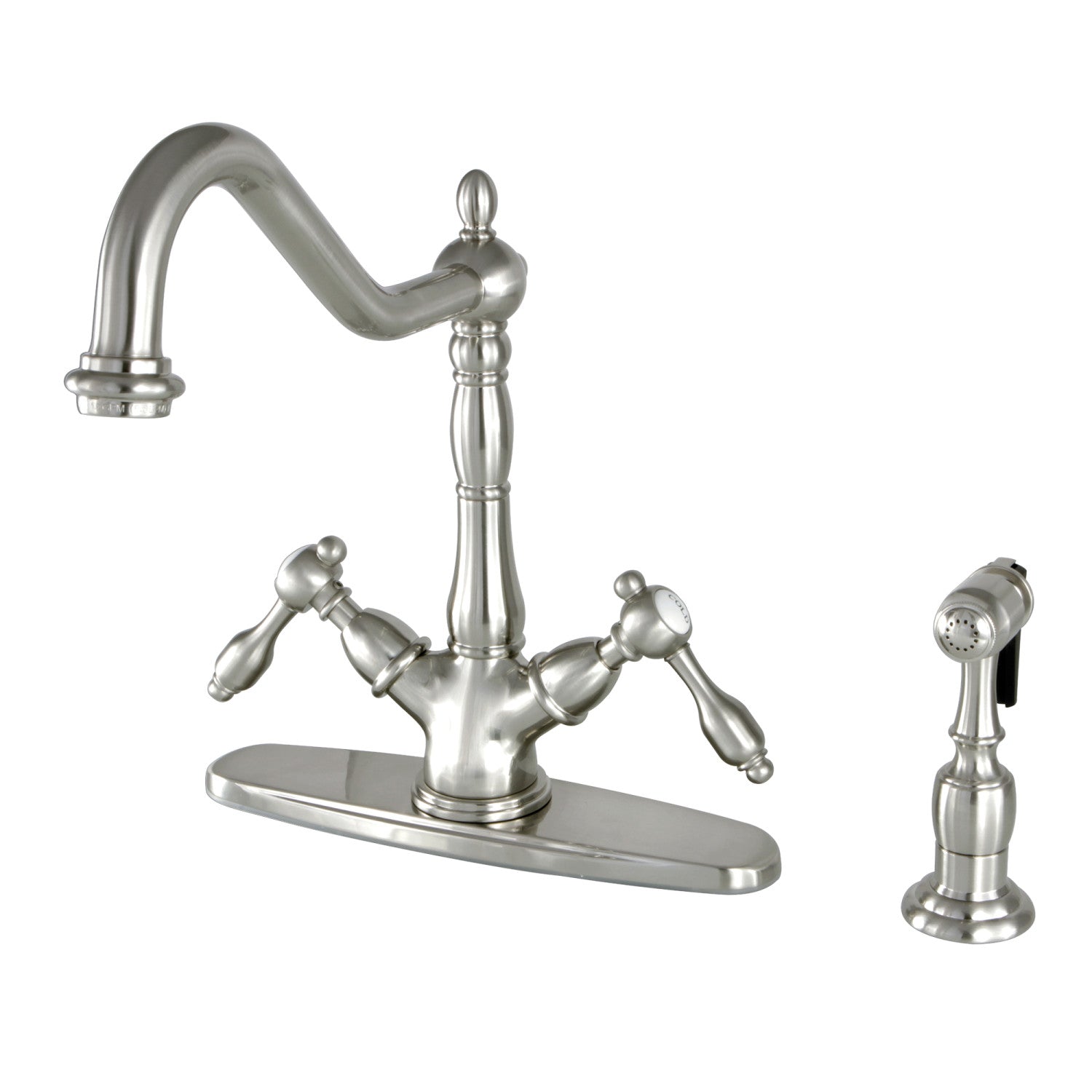Kingston Heirloom KS1238TALBS - Tudor Two-Handle 2-or-4 Hole Kitchen Faucet with Brass Sprayer, Brushed Nickel — image 1